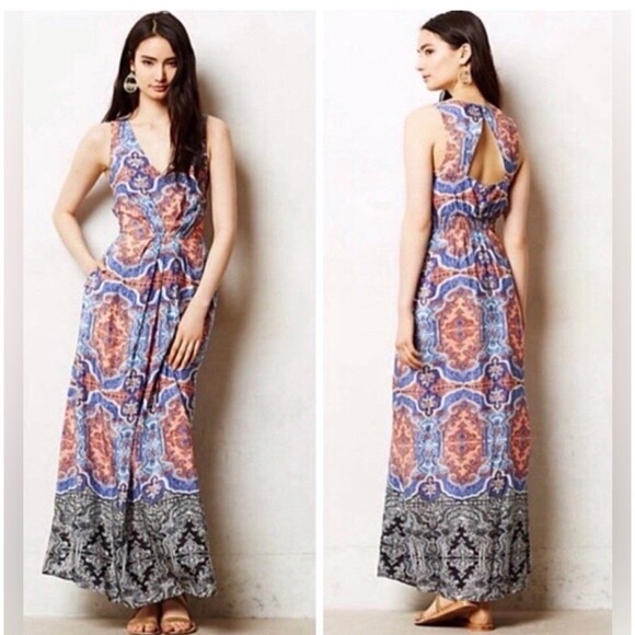 Anthropologie Maeve Blue Orange Maxi Sleeveless Long Tribal Paisley Dress 10 - Picture 1 of 8